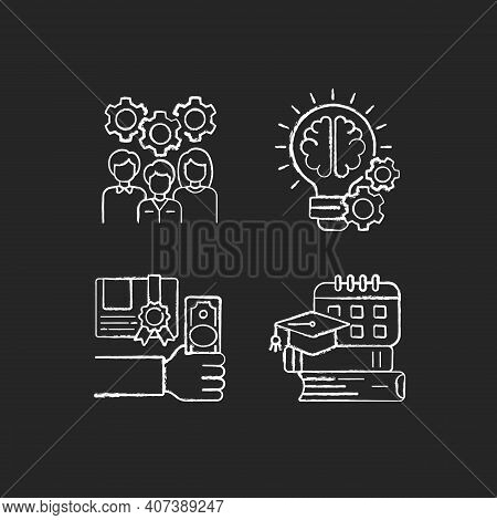 Idea Generation Chalk White Icons Set On Black Background. Workshop Components Idea. Improving Profe