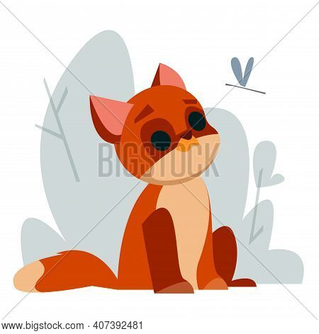 The Fox Cub Sits Under A Bush In The Forest And Looks At A Dragonfly. Vector Illustration In Cartoon