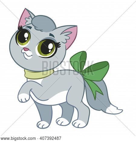 Gray Cute Little Cat With A Bow On The Tail. On A White Background. Vector Illustration In Cartoon S