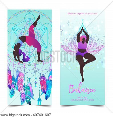 Plus Size Curvy Lady Doing Yoga Class. Yoga Card Design. Colorful Template For Spiritual Retreat Or 
