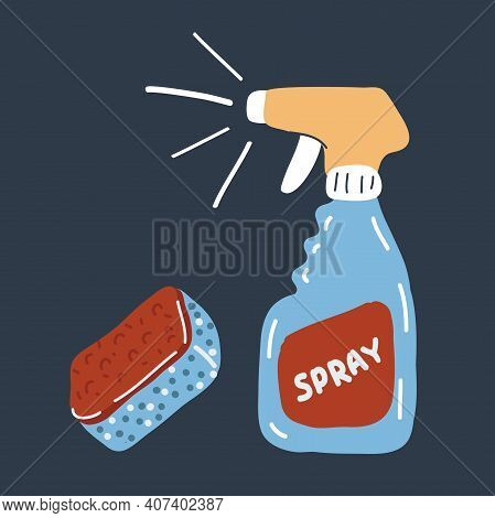 Vector Illustration Of Domestic Tools For Cleaning. Cleaning Spray And Spoonge On Dark Backround.