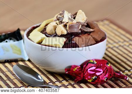 Acai Bowl With Chantilly Cream And Peanut Candy, Brazilian Açaí Dessert, Açaí Na Tigela Com Paçoca