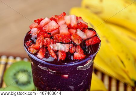 Acai Cup With Strawberry Topping Banana, Kiwi, Delicious Brazilian Açaí Creamy