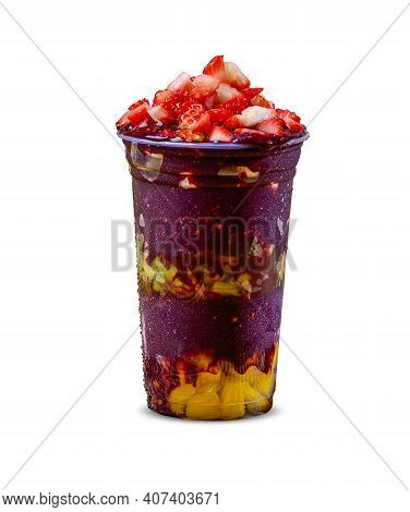 Acai Cup With Strawberry Topping Banana, Kiwi, Delicious Brazilian Açaí Creamy