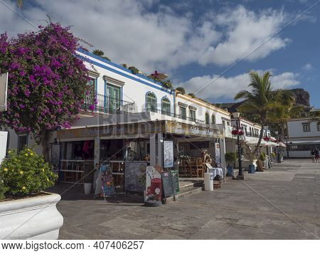 Puerto De Mogan, Gran Canaria, Canary Islands, Spain December 18, 2020: Traditional Colorful Houses 