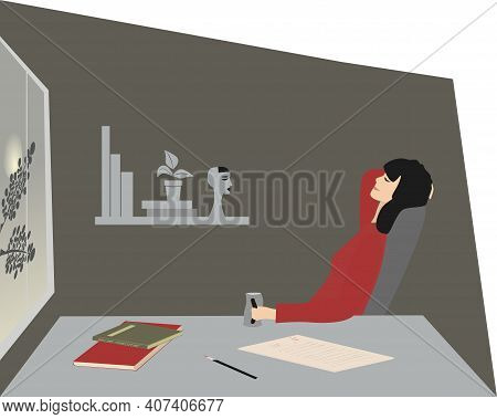 Woman Resting To Night. Teacher Or Student Sitting On The Chair With Closed Eyes. Girl Holding Cup O