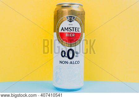 Tyumen, Russia-december 10, 2020: Amstel Beer Can. Founded On June 11, 1870 In Amsterdam, Named Afte