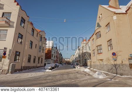 Helsinki, Finland January 4, 2021 Ulyanin, Streets, Historic Buildings Covered With Snow In Sunny, W
