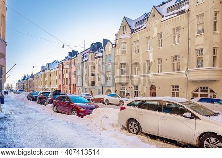 Helsinki, Finland January 4, 2021 Ulyanin, Streets, Historic Buildings Covered With Snow In Sunny, W