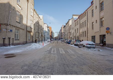 Helsinki, Finland January 4, 2021 Ulyanin, Streets, Historic Buildings Covered With Snow In Sunny, W