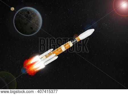 3d Image Illustration Orange And White Multistage Space Rocket Model Flies To Exploration Universe A