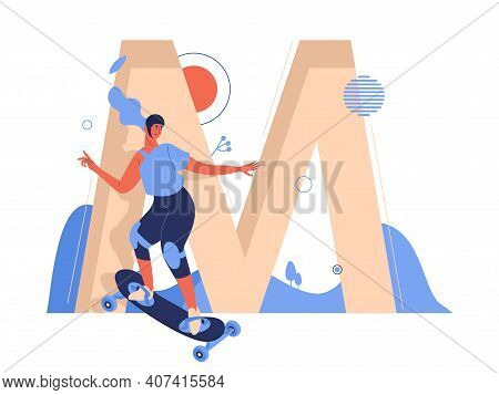 Woman On Skateboard While Mountainboarding Ride. Large Letter M On Background. Extreme Sport And Hea