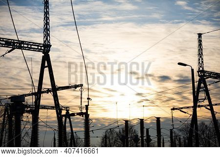 Modern And Industrial, High Voltage Electrical Power Relay Station With A Suspended Lightning Protec