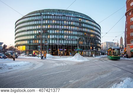 Helsinki, Finland January 4, 2021 Hakaniemi District Modern Office View At Sunset. Winter Evening. H