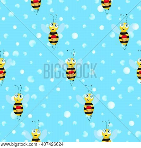 Seamless Pattern With Bees On Blue Polka Dots Background. Adorable Cartoon Wasp Character. Template 