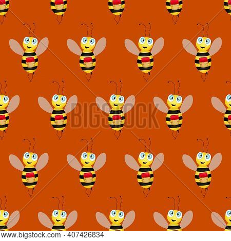 Seamless Pattern With Bees On Brown Background. Vector Stock Illustration. Adorable Cartoon Characte