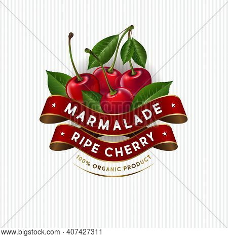 Package Design For Cherry Marmalade. Label With Ripe Cherries, Leaves And Silk Ribbons. Premium Prod