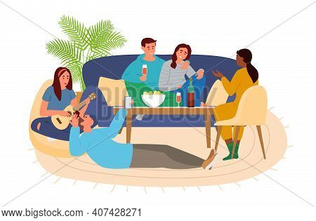 Group Of Friends Hanging Out At Home Talking, Playing Music, Drinking Wine, Eating Chips.
