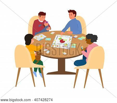 Kids Playing Board Game At Table  Vector Illustration. Isolated On White.