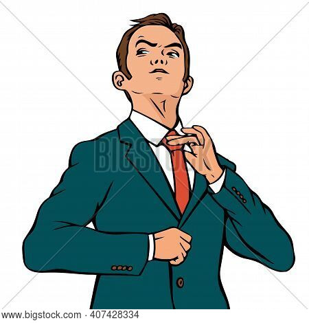 Young Self Confident Businessman. A Man In A Business Suit And Tie. Pop Art Retro Illustration On Wh
