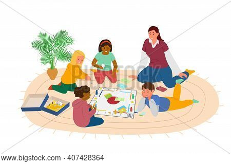 Children Playing Boardgame On The Floor In The Kindergarden. Playroom With Teacher And Kids. Vector 