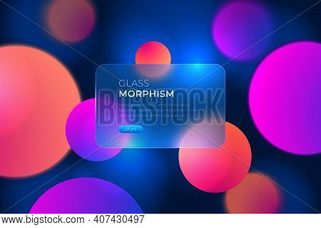 Vector Image In The Style Of Glass Morphism. Translucent Card With Button On A Bright Background. Fr