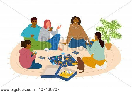 Multiracial Group Of Friends Playing Board Game At Home Sitting On The Floor Vector Illustration. Gu