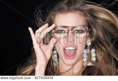 Woman Attractive With Ugly Eyeglasses For Vision. Girl Short Sightedness Needs Modern Eyeglasses. Op