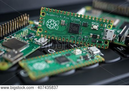 Galati, Romania - February 09, 2021: Close-up Of Raspberry Pi Pico, Raspberry Pi 4B And Raspberry Pi