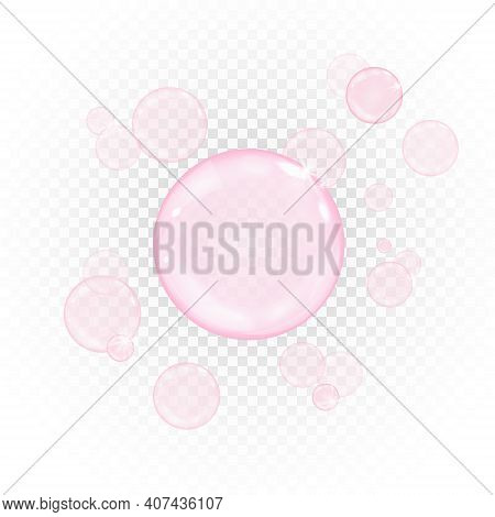 Pink Collagen Bubbles Isolated On Transparent Background. Realistic Water Serum Droplets Or Bubble G