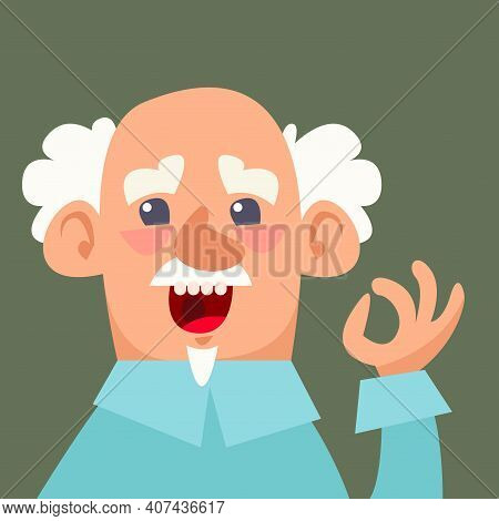 A Gray-haired Old Man Makes A Hand Sign That Everything Is Fine And Ok. Doctor With A Smile Or An El