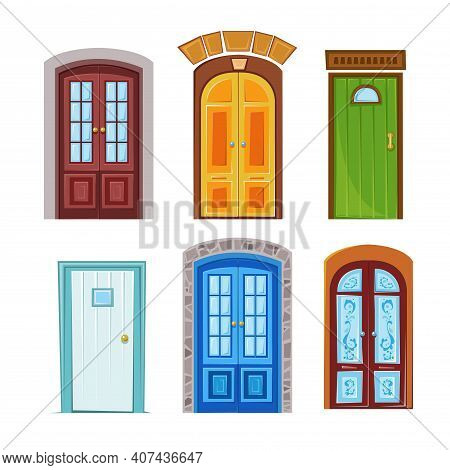 Set Of Many Different Doors. Vector Illustration In Flat Style.