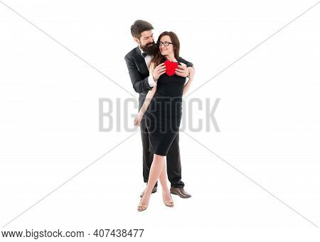 Completely In Love. Blind Love And Manipulations. Man Formal Suit And Attractive Woman. Love And Rom