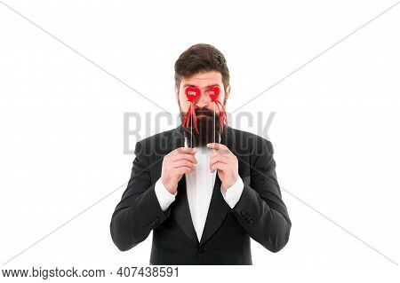 Dangers Of Blind Love. Businessman With Beard And Mustache Formal Suit. Love And Romance. Romantic H