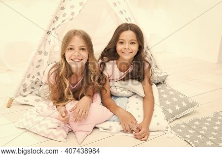 You Are Beautiful Like Me. Happy Kids Relax On Cushions. Beauty Look Of Small Girls. Beauty And Hair