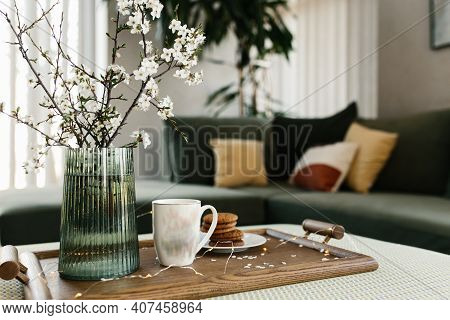 Home Interior. Cookies, Coffee. Apple Tree Color Has Flown. Blurred Background