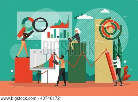 Businesscharts, Concept Flat Vector Illustration. Team Work On Finance And Business Strategy. Financ