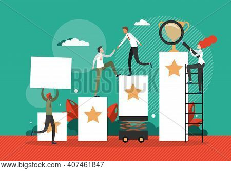 Business Team Help Each Other To Climb Up The Stairs To The Goal In The Form Of Winner Cup. Career P