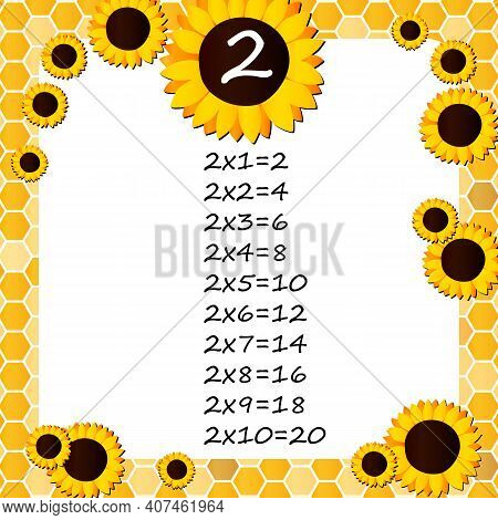 Multiplication Square. School Vector Illustration With Sunflowers And Honeycomb Shapes. Multiplicati