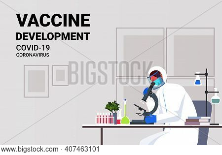 Scientist Resarcher Working With Microscope In Lab Coronavirus Vaccine Development Fight Against Cov