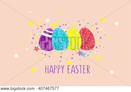 Happy Easter Text As Celebration Badge, Tag, Icon. 
Banner On The Background Of Easter Eggs.
Text Ca