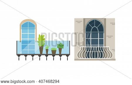Classic Balcony Windows Colllection, House Facade Design Elements Vector Illustration