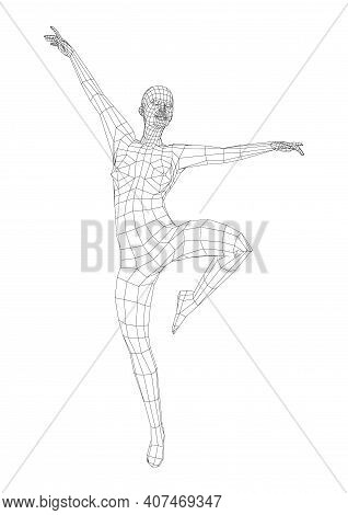 Wireframe Ballerina Or Dancer In Dance Pose. Vector 3d Rendering