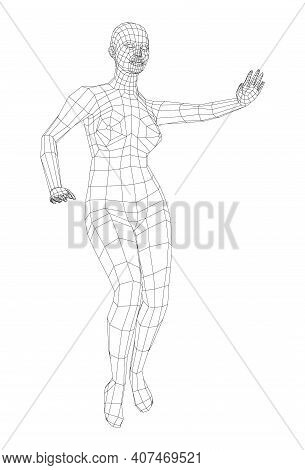 Wireframe Ballerina Or Dancer In Dance Pose. Female Dancing Salsa. Vector 3d Rendering