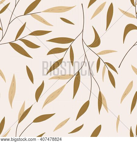 Floral Seamless With Hand Drawn Color Leaves. Cute Autumn Background. Tropic Brown Branches. Modern 