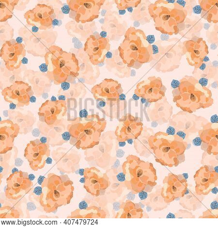 Floral Seamless With Hand Drawn Color Roses. Cute Summer Background With Flowers And Leaves. Modern 