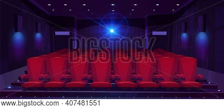 Movie Theater Hall With Seat Rows For Audience And Cinema Projector. Vector Cartoon Illustration Of 