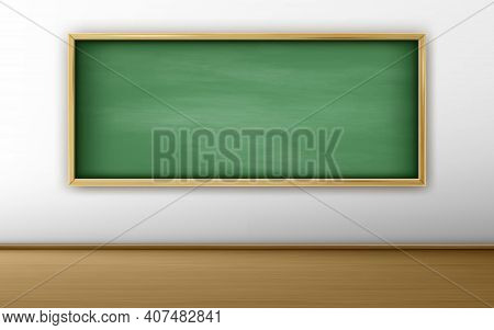 Green Blackboard, Chalkboard In Classroom With White Wall And Wooden Floor. Background For Online Co