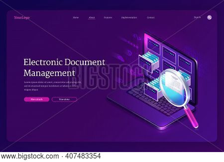 Electronic Document Management Banner. Online Paperwork Storage, Digital System Of Organization And 
