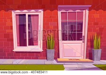 Cottage House Facade Front View, Home Building Exterior Of Red Brick With Window, Door And Welcome R